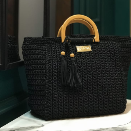 Handmade Black Woven Crochet Bag For Women