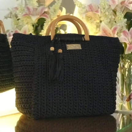 Handmade Black Woven Crochet Bag For Women