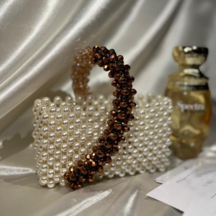Handmade Crystal Beaded Bag Purse White with brown Contrast