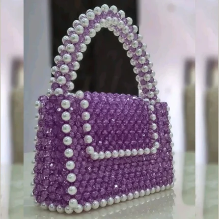 Handmade Crystal Beaded Bag Purse Purple and White