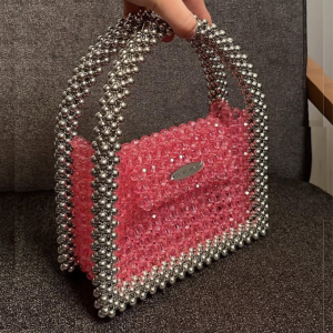 Handmade Crystal Beaded Bag Purse Pink and Silver