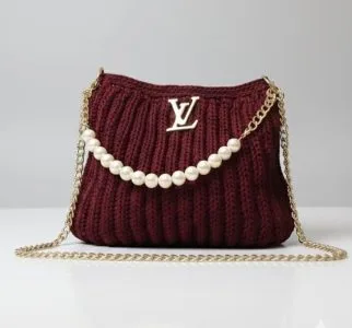 Handmade Maroon Woven Crochet Bag with Chain Beaded Strap For Women