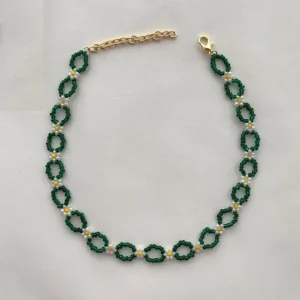 Handmade Beaded Necklace Green and White Floral