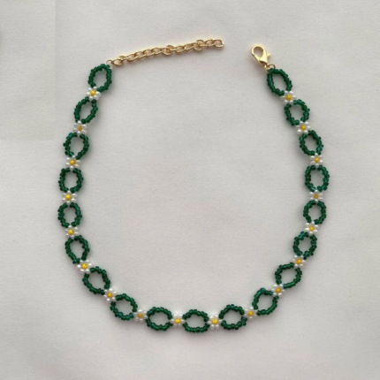 Handmade Beaded Necklace Green and White Floral