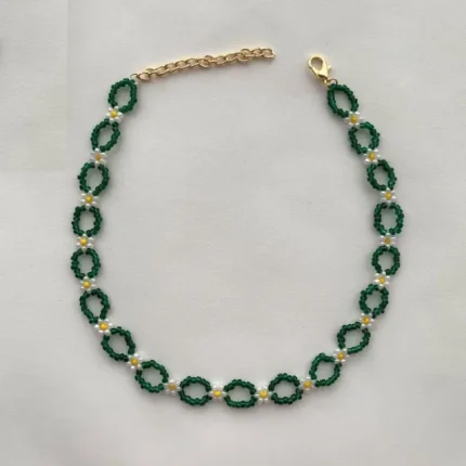 Handmade Beaded Necklace Green and White Floral