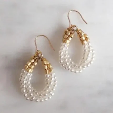 Handmade Beaded Earings White and Gold