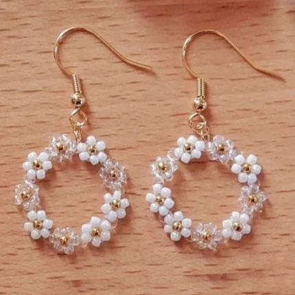 Handmade Beaded Earings White Tone