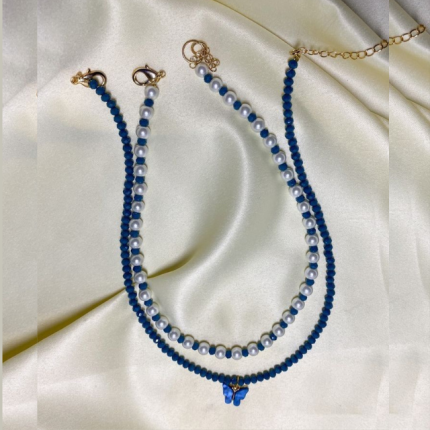 Handmade Beaded Necklace Set of 2 in Royal Blue and White Pearls