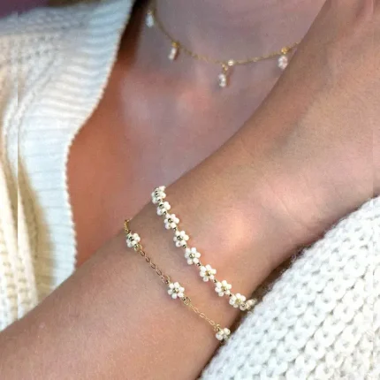 Handmade Beaded Bracelet Set of 2 with Necklace White Pearl