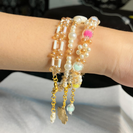 Handmade Beaded bracelets Set of 3 White and Gold