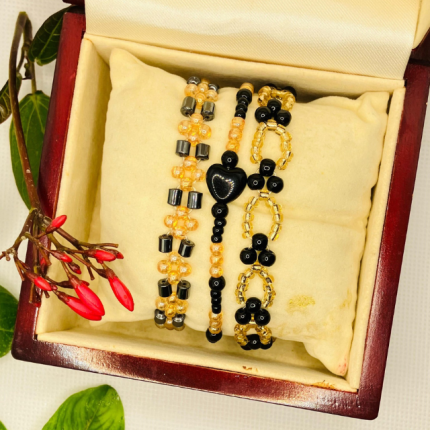 Handmade Beaded bracelets Set of 3 Black and Gold