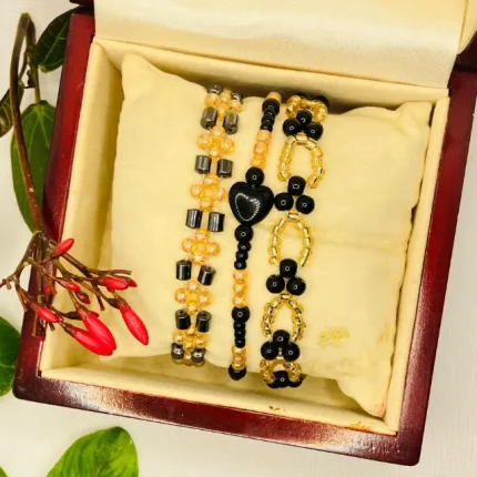 Handmade Beaded bracelets Set of 3 Black and Gold