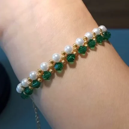 Handmade Beaded Bracelet Bottle Green and White Pearl