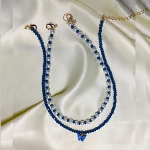 Handmade Beaded Necklace Set of 2 in Royal Blue and White Pearls