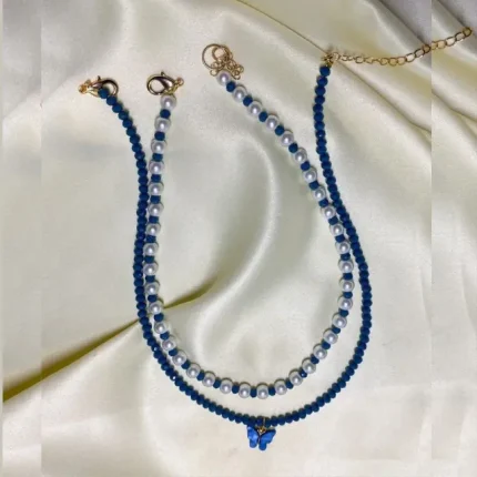 Handmade Beaded Necklace Set of 2 in Royal Blue and White Pearls